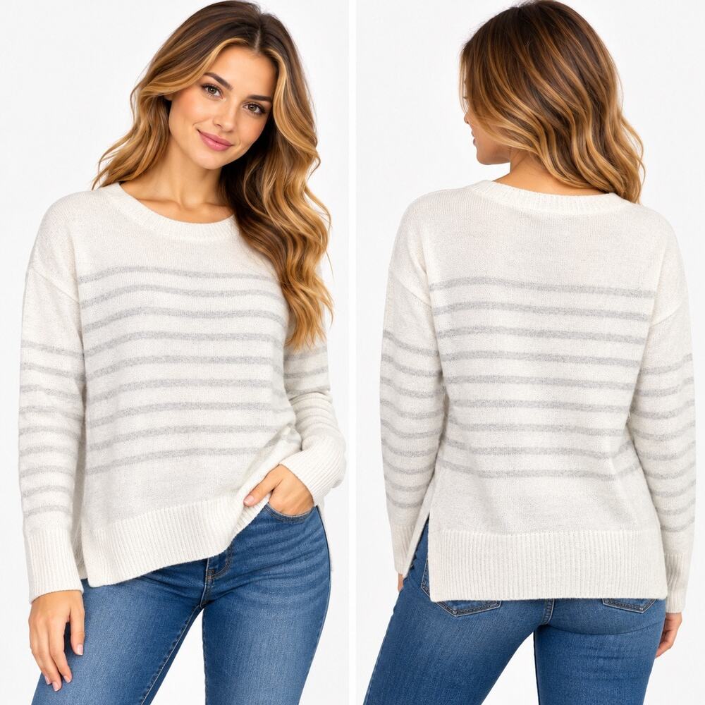 Gap Ivory Gray Striped Knit Sweater Wool Blend Womens Small Long Sleeve Pullover